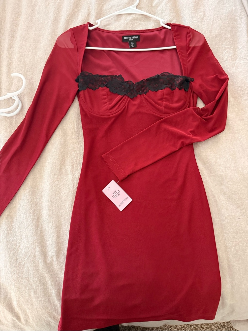 PrettyLittleThing Red Long-Sleeve Lace-Trim Dress
